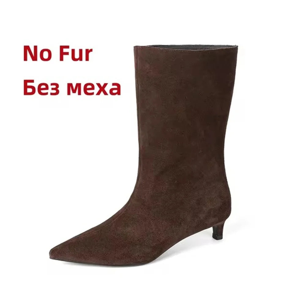 FEDONAS Pointed Toe Stiletto Geuine Leather Boots for Women Mid-calf Tube Shoes Fashion Autumn Winter Knight Boots Party Shoes