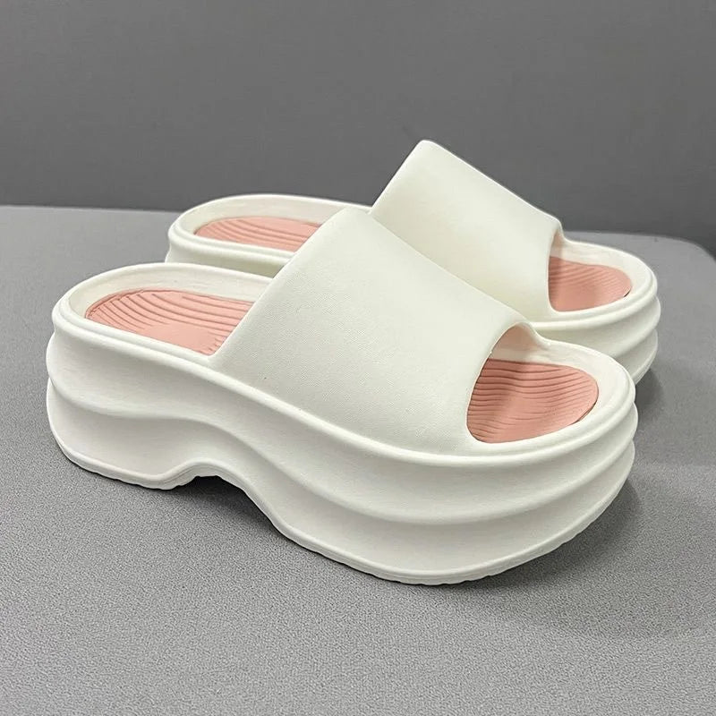 2024 New Elevated Soft Sole Anti Slip Women's Slippers Thick EVA Soft Sole Home Platform One Line Outwear Beach Summer Sandals