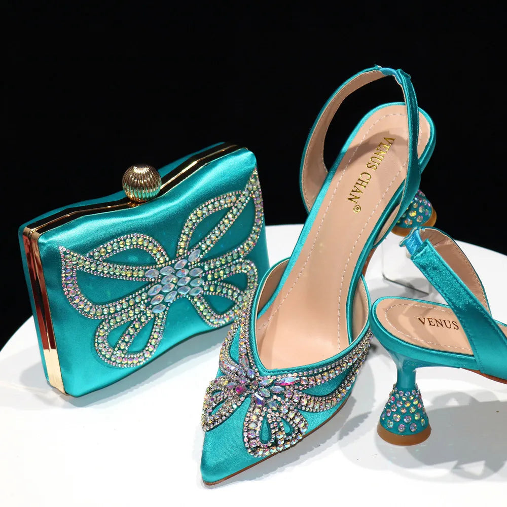Venus Chan New Elegant Green Bling Bow Pointed Toe Pumps for Women 2024 Party italian Rhinestones shoes and bags matching set
