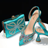 Venus Chan New Elegant Green Bling Bow Pointed Toe Pumps for Women 2024 Party italian Rhinestones shoes and bags matching set