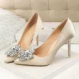 Women 10cm High Heels Sexy Rhinestone Green Pink Gray Pointed Toe Pumps Lady Silk Satin Escarpins Elegant Wedding Evening Shoes