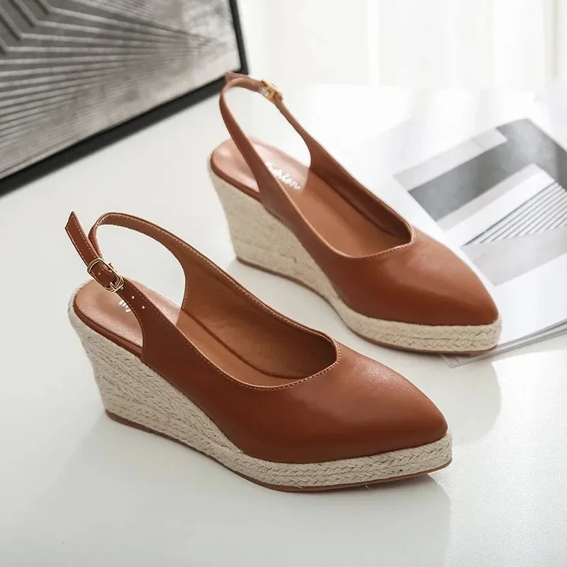 BEYARNE Princess Kate's Same Leather Wedge Single Shoes Women's Shallow Mouth Espadrilles Spring and Autumn New Sandals HighHeel