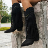 Shoes Female Rand Knee-High Women's Boots Pointed Toe Modern Boots Women Rivet Fringe Back Zip Med Heel Plus Size Shoes Women