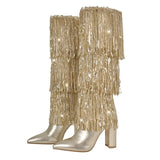Onlymaker Women Pointed Toe Gold Fringe Metallic Slim Knee Boots Sexy Dance Party Dress Chunky Heel Boots