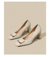 Spring new square head thick heels women's shallow mouth buckle single shoes professional shoes high heels