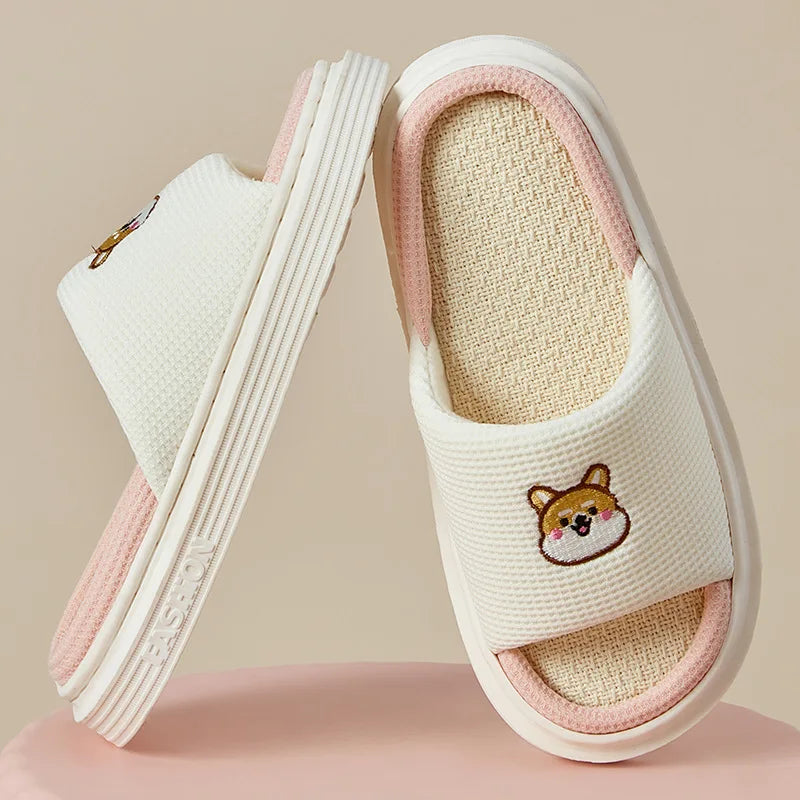Platform Slippers Women Home Cartoon Animals Cute Designer Shoes Girls 2024 New Casual House Linen Slides Flats Indoor Open Toe