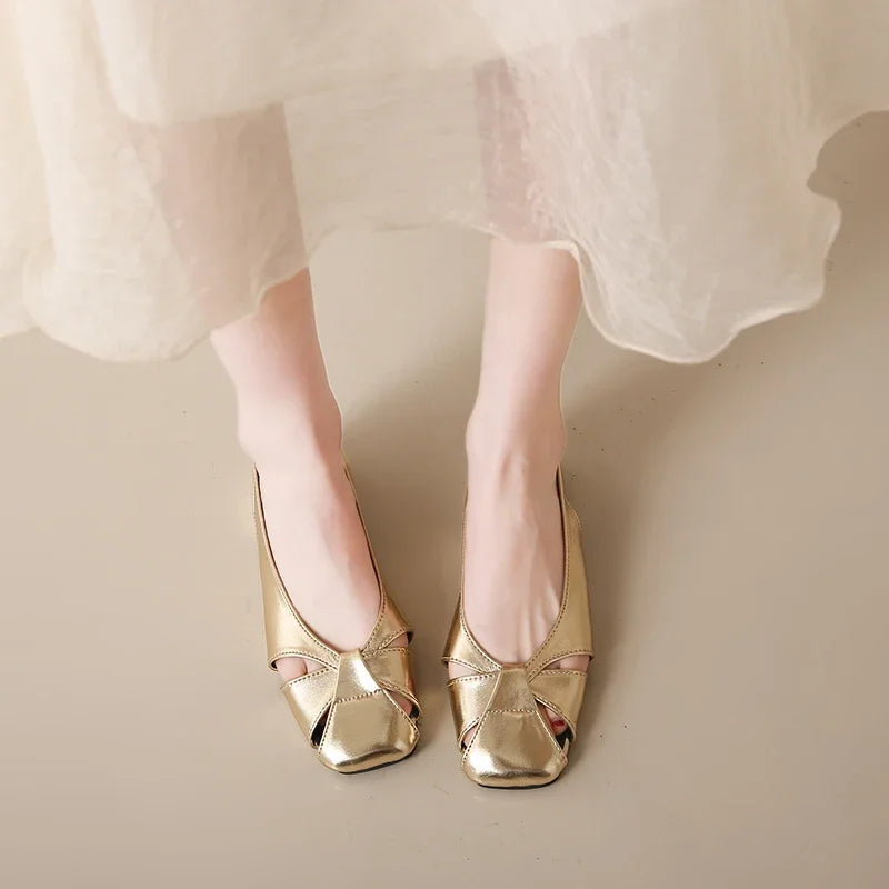 New Spring and Summer Soft Leather Bag Head Sandals Women Wear Flat Shoes After Tripping Square Gold and Silver Temperament