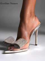 Bow Rhinestone Transparent Band Sandals Pointed Toe Stiletto Back Strap Side Air Women Heels Plus Size Sexy Runway Shoes 2024
