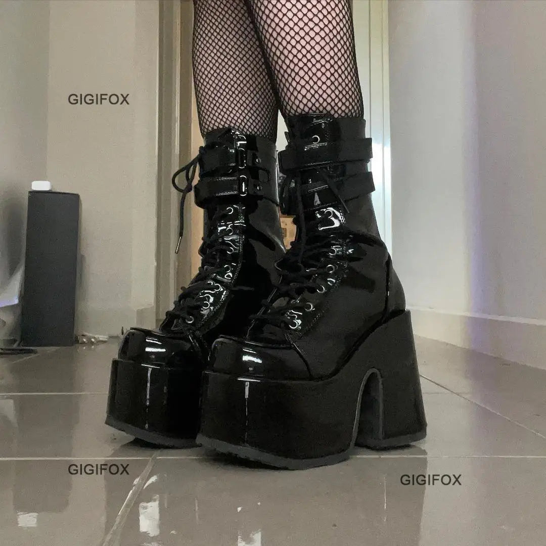 GIGIFOX Platform Ankle Boots For Women Lace Up Fashion Combat Goth Gothic Punk Style Boots 2024 Winter Short Boots Shoes Brand