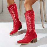 Womens Trendy Chunky Heel Cowboy Boots - Chic Pointed Toe Dress-Up Perfect - Fashionable Mid Calf Height