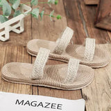 Minimalist Cross Band Women Slide Sandals Beach Hemp Rope Slides Espadrille Flip Flops Two Straw Straps Shoes