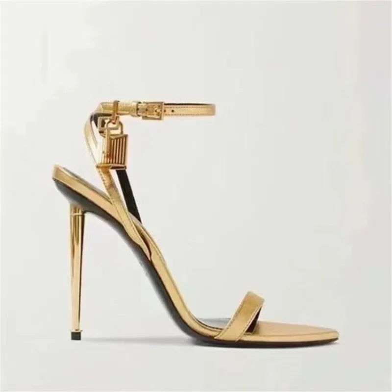 Summer New Concise 10cm High Heel Padlock Decorative Sandals European and American Fashionable Black Gold Women's Shoes 36-45