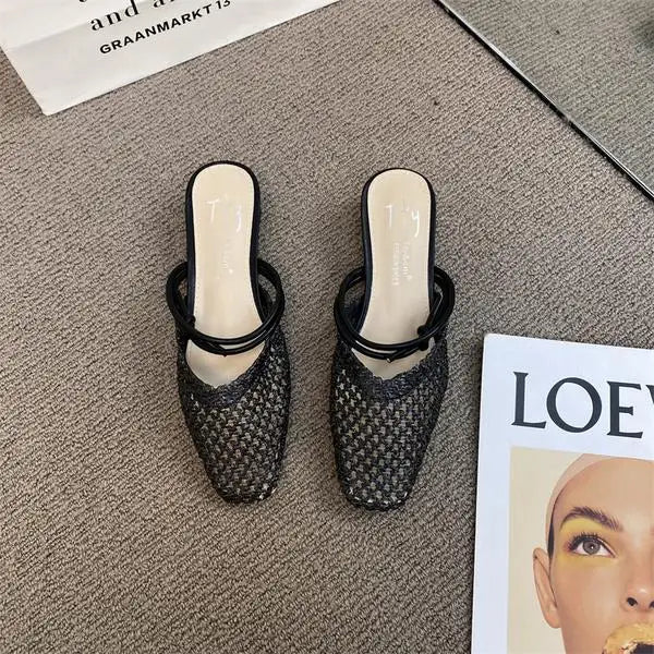 Fretwork Heels Shoes Ladies' Slippers Luxury Slides Cover Toe Slipers Women Female Mule Flat Summer Designer Soft 2024 Mules Cas