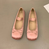 2023Luxury Satin Silk Ballet Shoes Woman Classic Square Toe Bowtie Elastic Band Ballerina Flats Ladies Soft Loafers