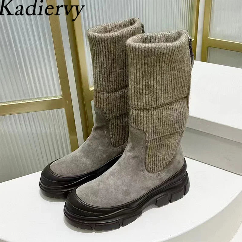 Luxury Thick Sole Motorcycle Boots Women Round Toe Flat Platform Shoes Women Cow Suede Patchwork Knit Mid Calf Boots Woman