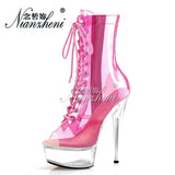 Catwalk 6Inch Peep Toe Strip Pole Dance 15cm Pink Sexy Fetish Rransparent Women's Ankle Boots Thin Heels Cross Models Nightclub