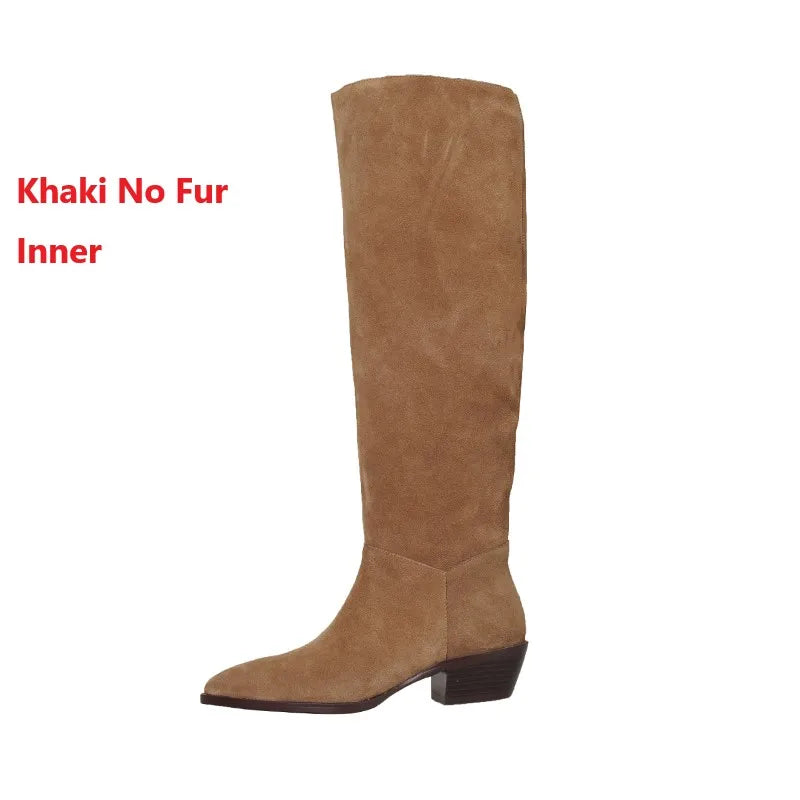 Cow Suede Daily Botas Pointed Toe Spring Autumn Woman Boots Cowgirls Western Boots Woman Slip On Simple Pleated Mid-Calf Shoes