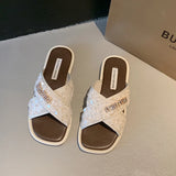 Women Shoes Summer New Vintage Woven Roman Sandals Fashion Open-Toe Sandals Female Slip-on Flats Beach Shoes Ladies Slipper
