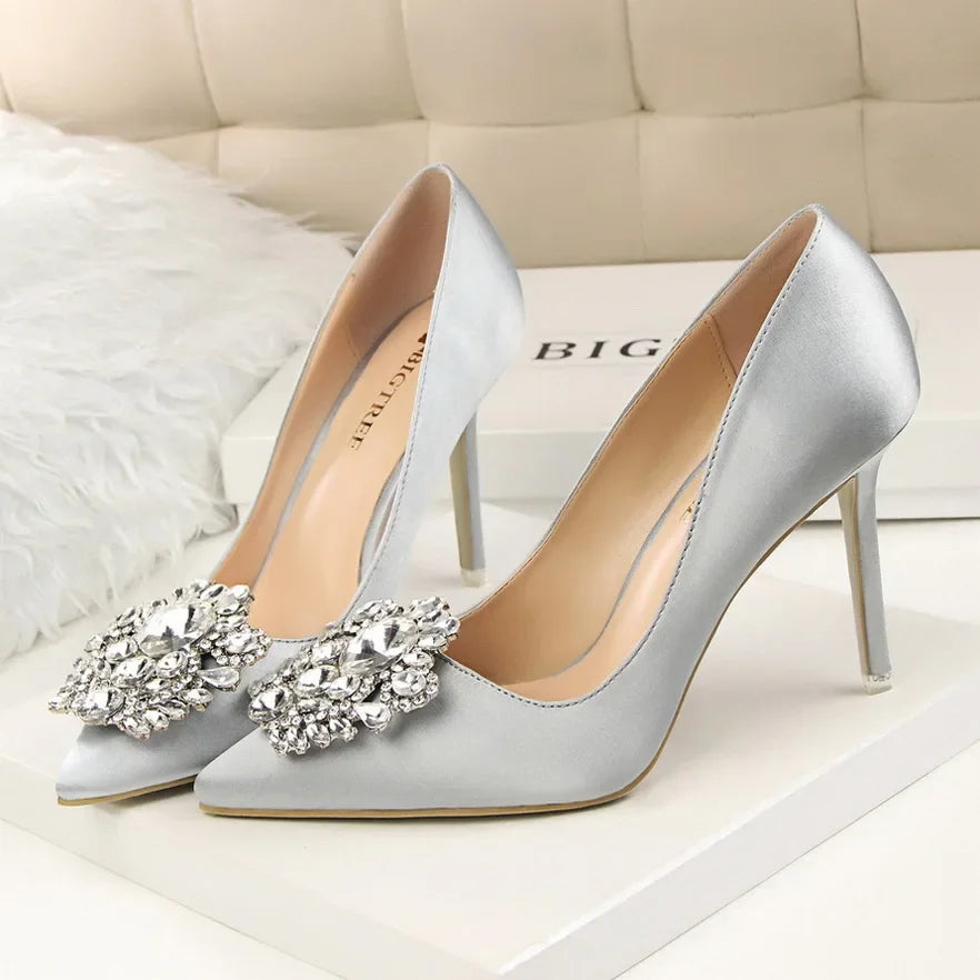 Women 10cm High Heels Sexy Rhinestone Green Pink Gray Pointed Toe Pumps Lady Silk Satin Escarpins Elegant Wedding Evening Shoes