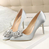 Women 10cm High Heels Sexy Rhinestone Green Pink Gray Pointed Toe Pumps Lady Silk Satin Escarpins Elegant Wedding Evening Shoes