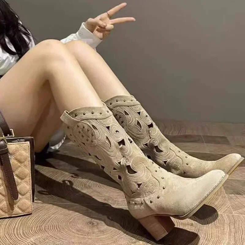 Women Mid-Calf Western Boots Heels Embroidery Hollow Cowboy Boots for Women  Autumn Winter Fashion PU Leather Botas Mujer 2024