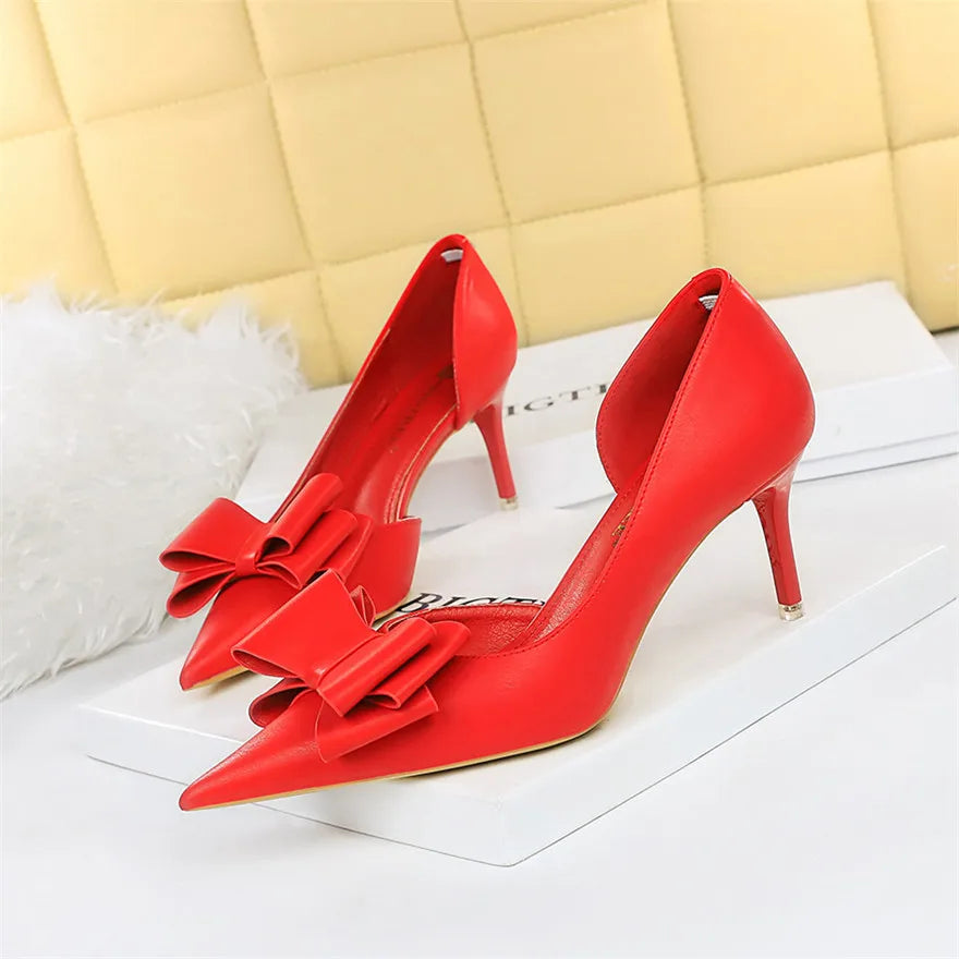 Side Hollow Soft Leather Women Pumps 7 Color Fashion Bowtie Pointed Toe High Heels Ladies Dress Wedding Shoes Woman Work Shallow