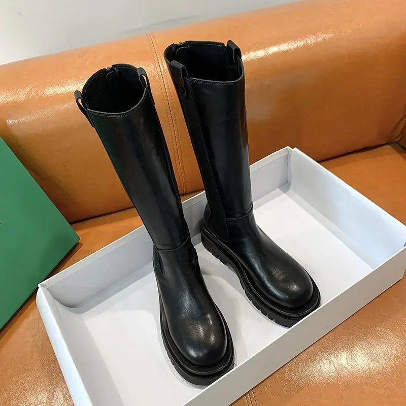 Women's High Boots Fashion Woman Non-slip Waterproof Winter Zipper PU Leather Knee High Boots Women Chunky Platform Long Boots