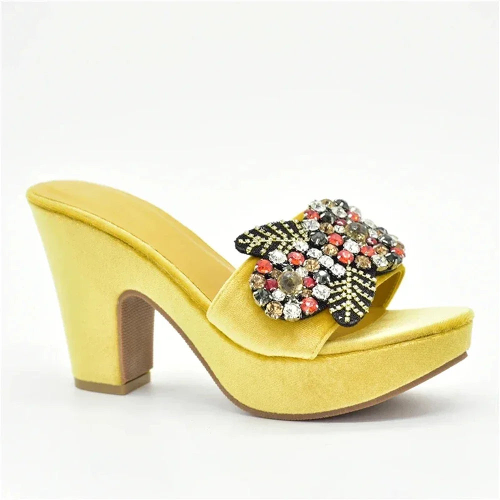 African Women Party Pumps Decorated with Rhinestone Shoes for Wedding Women Wedges Shoes for Women Platform Heels Nigerian Pumps