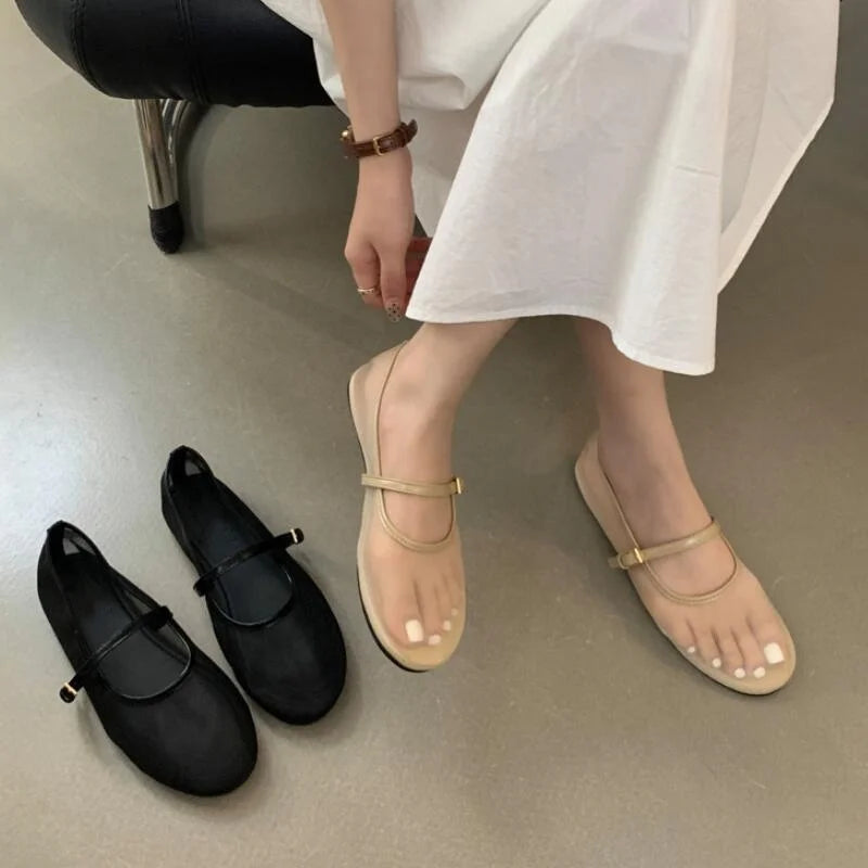 2024 Fashion Round Toe Mesh Mary Jane Flats Shoes Women Summer Shallow Shoes Buckle Ballet Footwear Ladies Moccasins Shoes