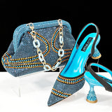 QSGFC 2024 New Designer Specials Italian Women Heels Shoes and Bag Set  Royal Green Color Comfortable With Rhinestone for Party