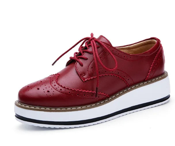 Spring Autumn Women Derby Platform Gold Flats Brogue Leather Lace Up Classic Bullock Footwear Female Oxford Shoes Lady