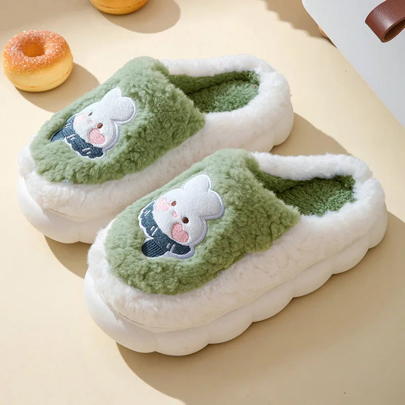 Cute Cartoon Cat Slippers Fluffy Home Thick Platform Slippers Women Men Winter Warm Plush Slides Indoor Lovely Cotton Shoes
