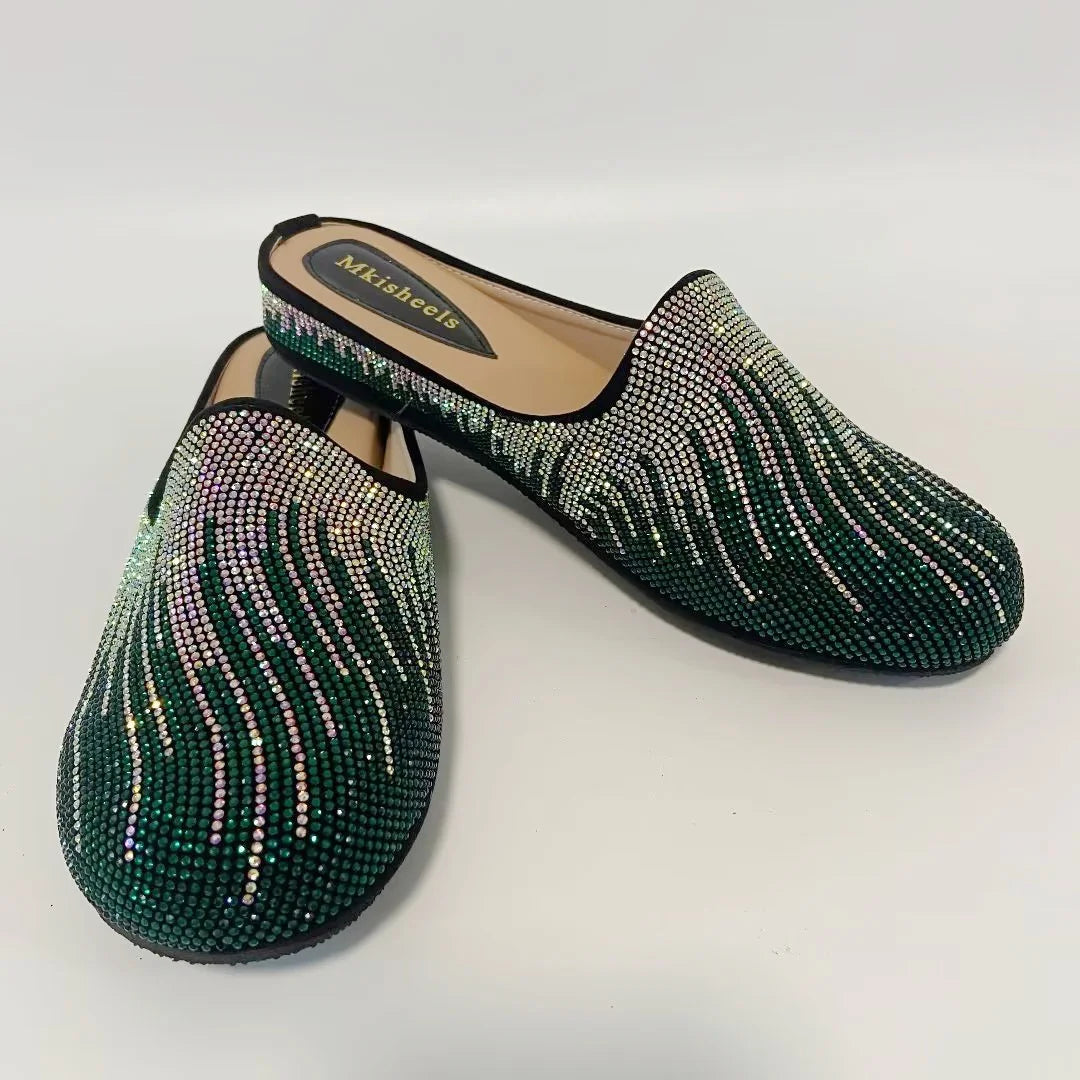 Hot Sale Multicolor Flat Heel Sequin Women's Slippers Casual Banquet Fashion Party Italian Mules Slipper Rhinestone Shoe F1013-2