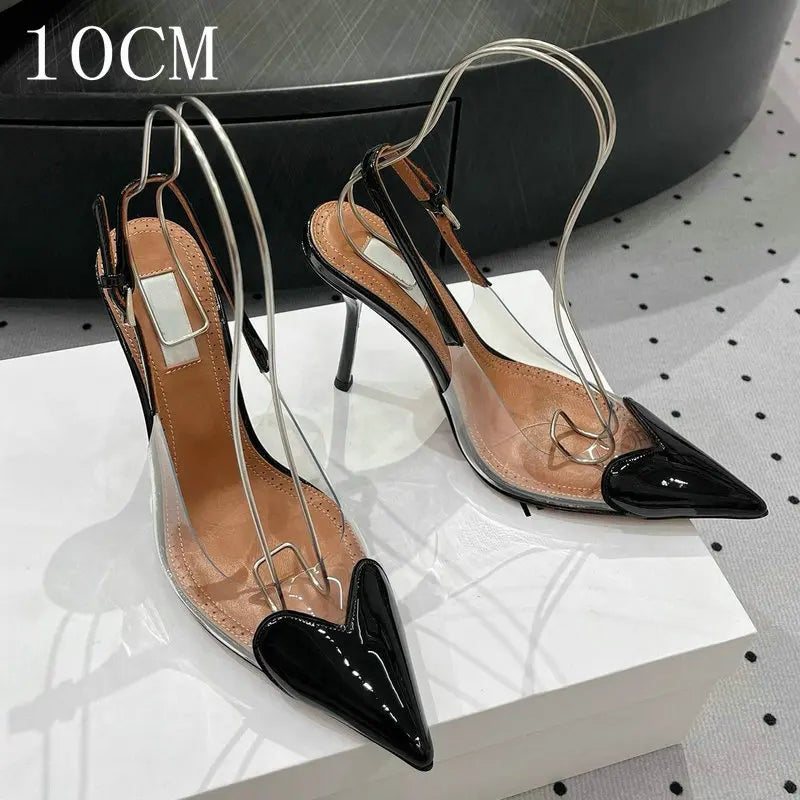 2025 New Pointy Peach Heart Fine Heel Shoes Sexy Pvc Transparent Film Black Patent Leather High Heel Overhead Sandals