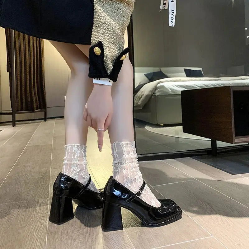 Mary Janes Office Ladies Solid Elegant Vintage Black Sandals Woman Buckle Non-Slip Casual Medium Heels Heels Korean 2024 Summer
