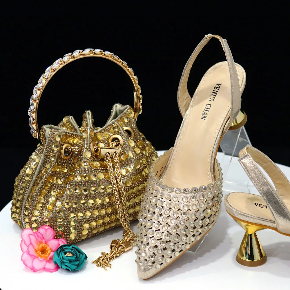 Fashion Summer 2023 Beads Decorated Muffin Bottom Sandals Wear Comfortable And Versatile Elegant Ladies Shoes And Bag Set