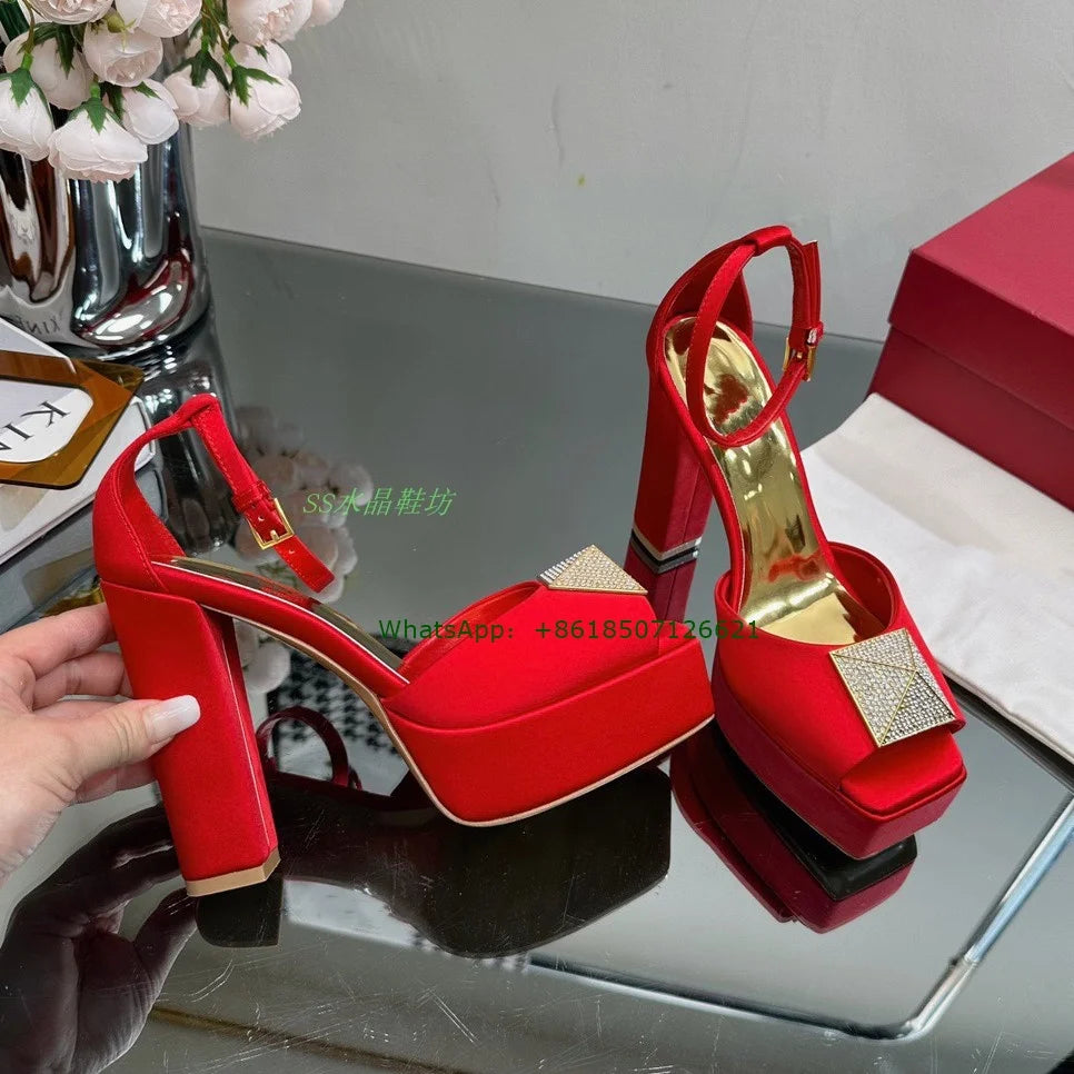 New Square Toe Satin Rivets Chunky Heel Sandals Thick Bottom Peep Toe Patent Leather High Heels For Women