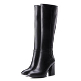 Fashion Red Winter Women's Knee High Boots PU Leather Block High Heels Tall Long Boot Female Zipper Ladies Shoes Black Elegant