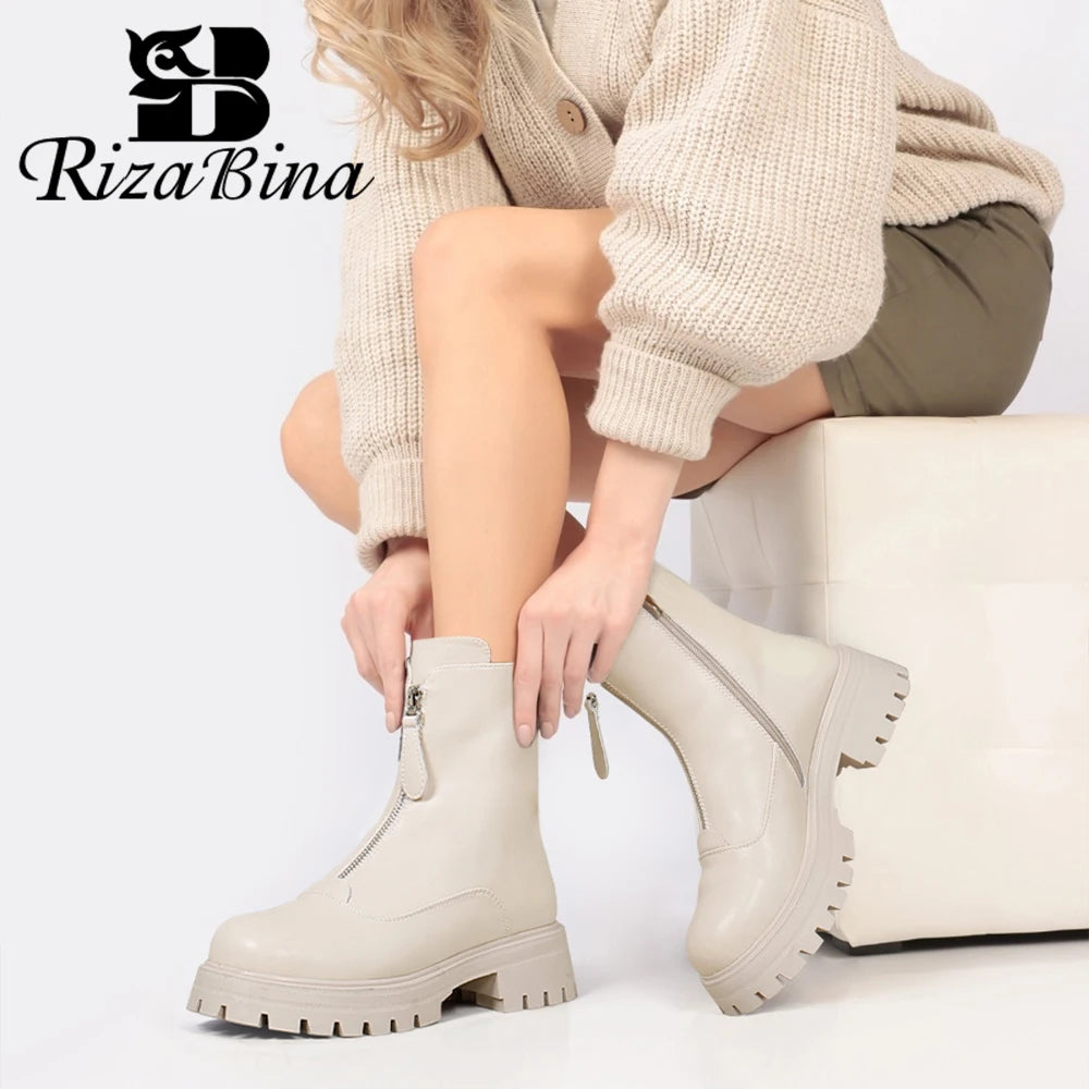 RIZABINA Ankle Boots Real Leather Winter Thick Plush Zipper Chunky Heel Women's Booties Ladies Fashion Non-slip Platform Shoes