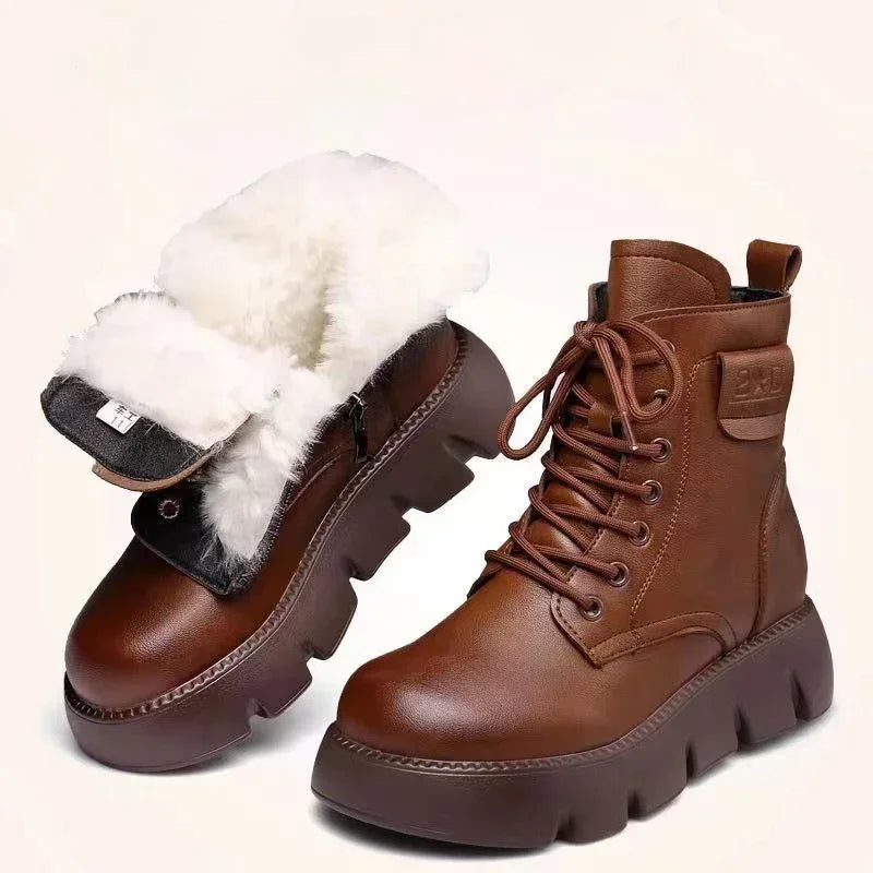 Womens Short Boots 2023 Leather Comfortable Ankle Boots Waterproof Thick-soled Padded Warm Women Shoes Casual Platform Boots