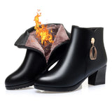 Soft Leather Women's Warm Wool Snow Boots High Heel Black  Beige  2024 New Winter Stylish Anti-slip Side Zipper Ankle Boots