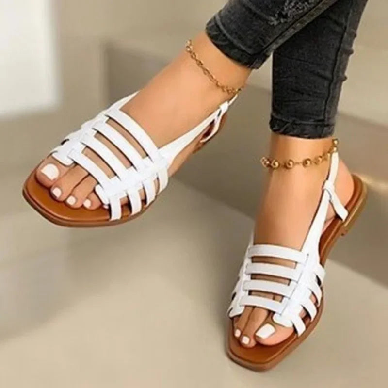 Buckle Strap Women's Sandals Daily  Sandals Women Flat with Round Toe Solid Soft Bottom Ladies Shoes