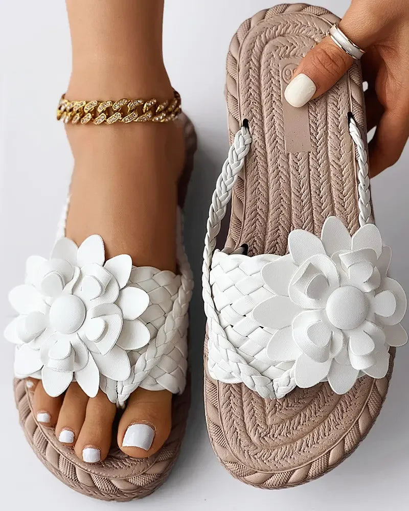 Slippers Women Ombre Floral Pattern Braided Casual Shoes Vacation Flat Holographic Braided Floral Pattern Toe Beach Flip Flops