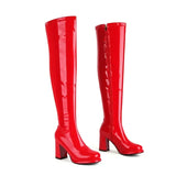 Ochanmeb Size 32-48 Women Golden Thigh High Boots Full Zipper Thick High-heeled Round Toe Silver Overknees Boots Red White Shoes