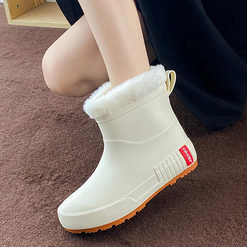 Winter Woman Warm Rain Shoes Rubber Boots Female Warmed Galoshes with Fur Ankle Rainboots Waterproof Garden Water Boots Footwear
