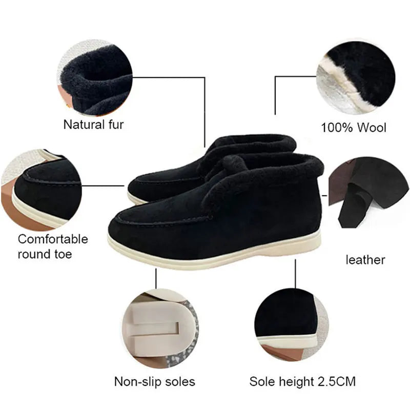 Women's Snow Boots Slippers Flat Boots Women's Natural Fur Warm Winter Shoes Cow Suede Loafers Black