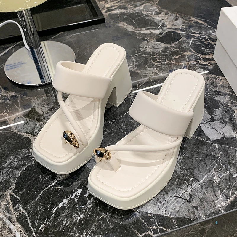 High -heeled Women's Sandals 2024 Summer New Fashion Versatile Toe Thick Bottom Non -slip Leisure High Heel Tide Sandy Slippers