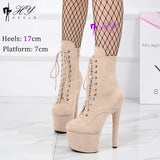 20cm Sexy Black Platform Pole Dance Shoes Stripper Heels Suede Ankle Boots High Heels Laces Round Toe Low Leg