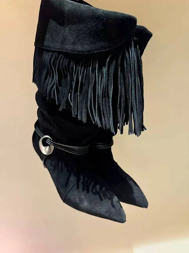 2025 Women's Autumn/Winter New Pointed Wrinkled Fine Heel Tassel Short Boots, Women's Knight Boots, Size 34-44 Medium Boots