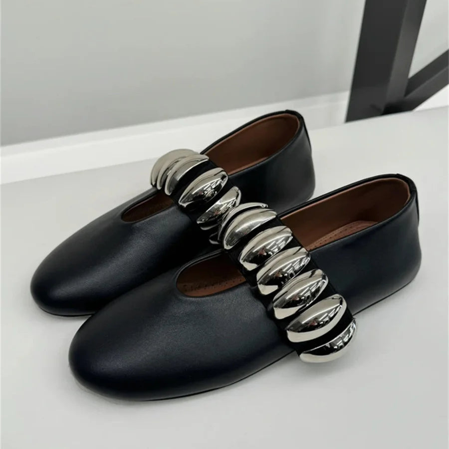 White Women Ballet Flats Comfortable Dance Shoes Woman 2025 Lazy Walking Loafers Flat Espadrilles Ladies Metal Button Mary Janes